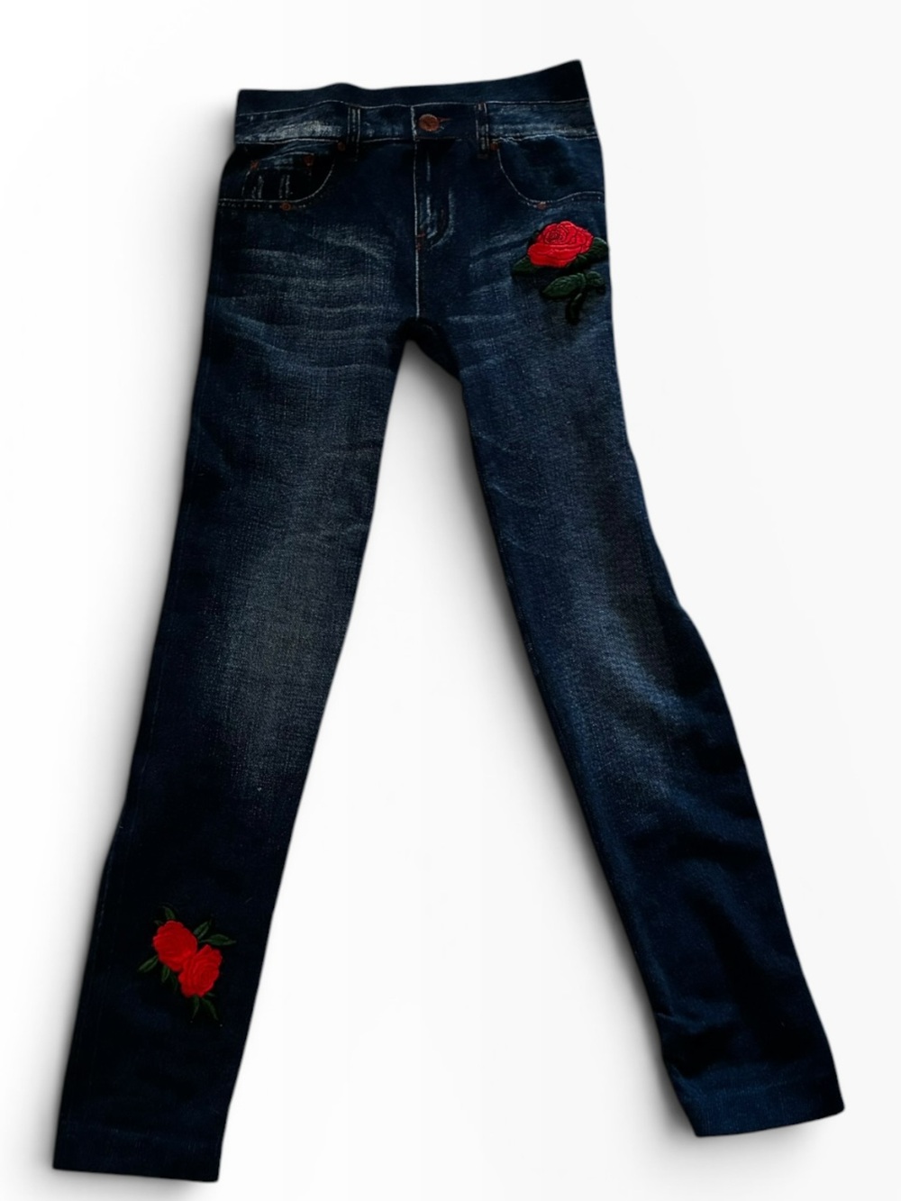 Dark Blue Embroidered Rose Skinny Jeans Leggings, ONE SIZE FITS ALL
